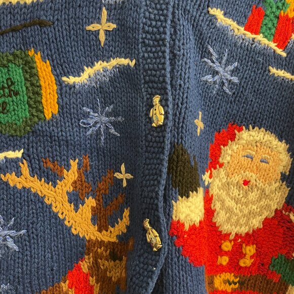 Vintage Signatures by Northern Isles Blue Santa Snowman Ugly Christmas Cardigan - Picture 7 of 11